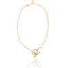 Gold and pearl locket necklace with a delicate chain and toggle clasp